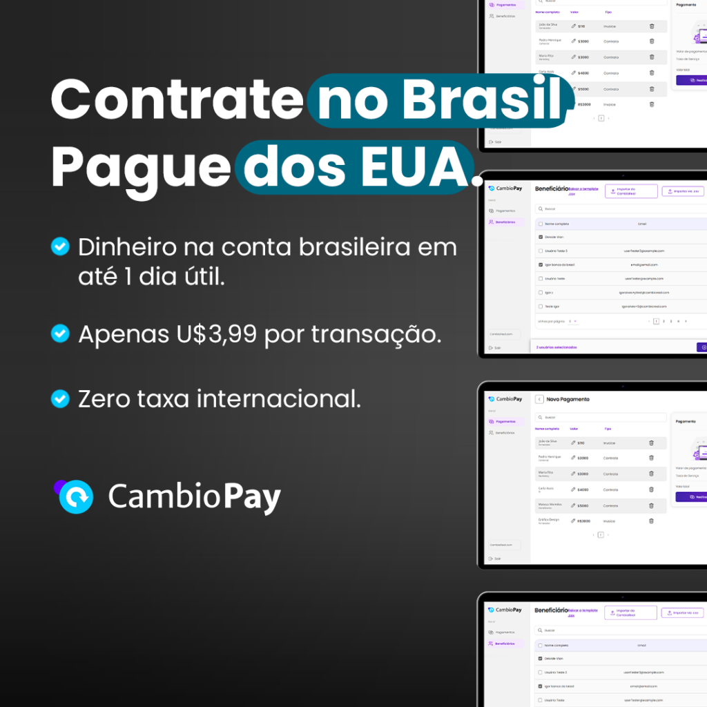 Contrate no Brasil, Pague dos EUA. Dinheiro na conta brasileira em até 1 dia útil. Apenas $3,99 por transação. Zero taxa internacional.