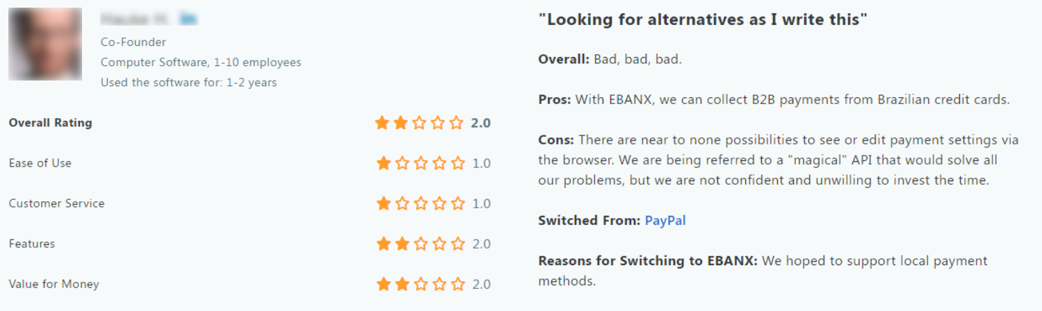 Review Ebanx from Capterra - "Looking for alternatives as I write this"